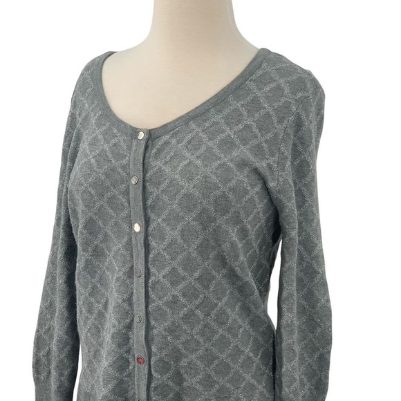 White House Black Market Snap Front Cardigan 3/4 Sleeves Gray/Silver Metallic L - Picture 6 of 7